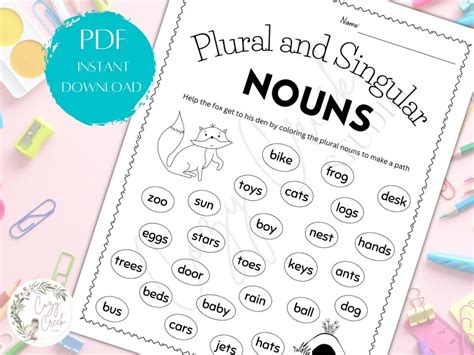 Printable Plural And Singular Nouns Worksheet Coloring Worksheet Elementary Work Page Classroom