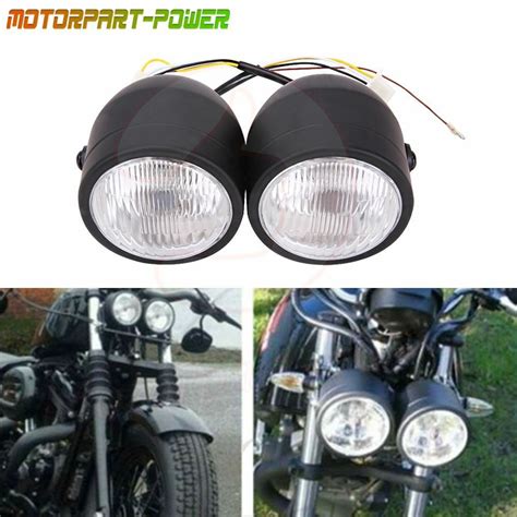 Black Front Twin Headlight Motorcycle Double Dual Lamp Street Fighter