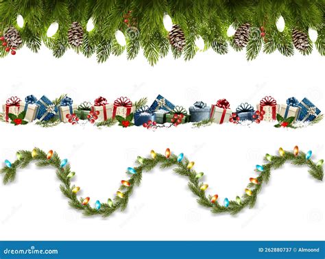 Christmas Tree Branches And Garland With Colorful Light Bulbs The Shape