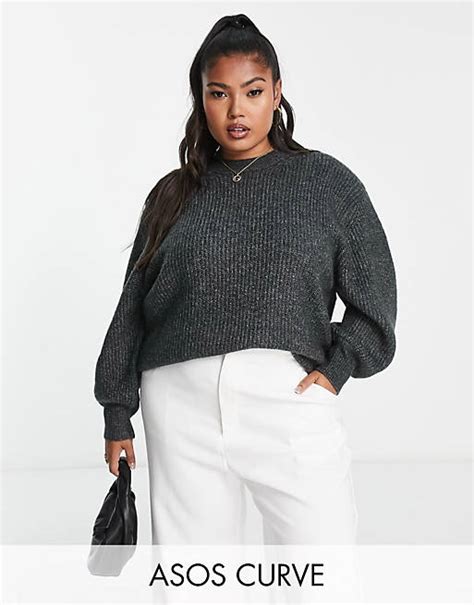 Asos Design Curve Fluffy Crew Neck Rib Sweater In Gray Asos