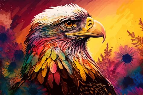 Premium Photo | Brightly colored eagle painting on a colorful background with flowers generative ai