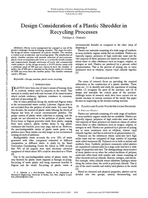 Design Consideration of A Plastic Shredder in Recycling Processes | PDF ...