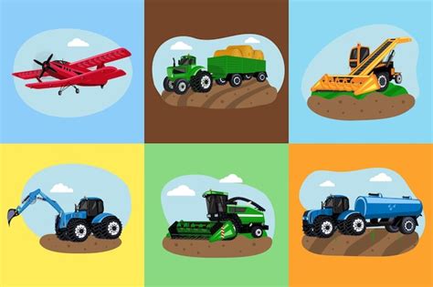 Free Vector Agricultural Transport Flat Set With Harvester Plougher