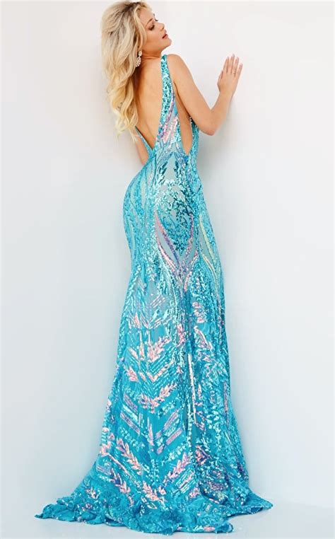 Jovani 22770 Iridescent Jade V Neck Embellished Prom Dress