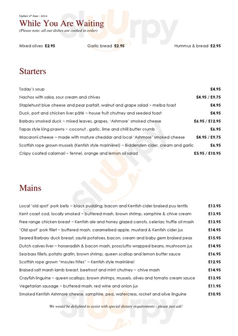 The King Queen menù East Malling Main Menu Sluurpy