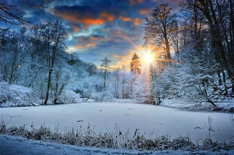 Sunset Over Winter Forest Lake Stock Photo - Image of landscape, north ...