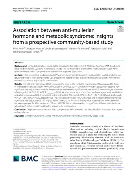 Pdf Association Between Anti Mullerian Hormone And Metabolic Syndrome