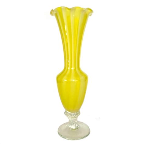 Vintage 1980s Hand Blown Glass Canary Yellow Ruffled Striped Footed Tulip Bud Vase As Is Mid