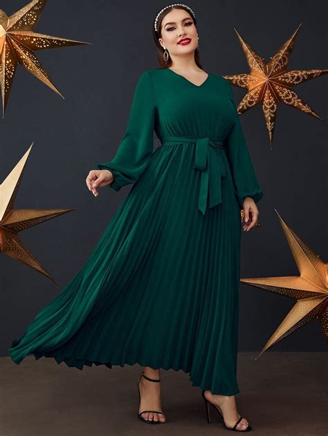 Plus Lantern Sleeve Pleated Hem Belted Dress Vestidos Plus Size Verde