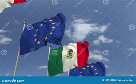 Golvende Vlaggen Van Mexico En De Eu Op Hemelachtergrond Het D