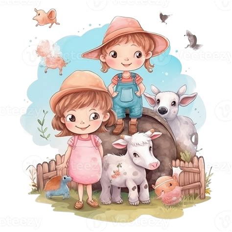 Cute Kids On The Farm Watercolor Art 23957705 Png