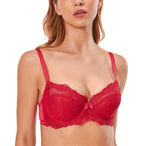 Deyllo Womens Sheer Lace Non Padded Full Cup Underwire Plus Size Bra Red 34d