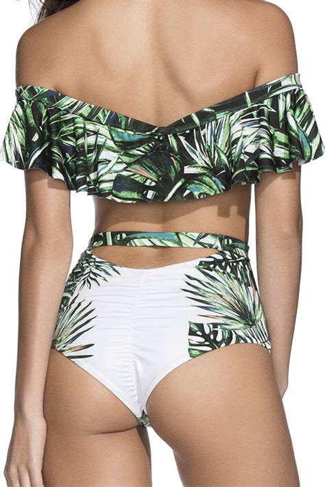 Iyasson Tropical Palm Leaves Printing Falbala One Piece Swimsuit