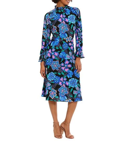 Donna Morgan Printed Ruffled Mock Neck Long Sleeve A Line Midi Dress