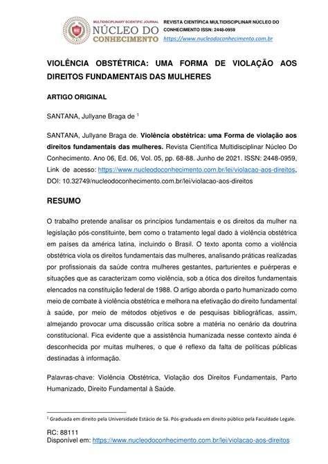 Pdf Violência Obstétrica Uma Forma De Violação Aos Direitos Fundamentais Das Mulheres