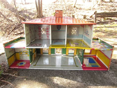 Vintage 1950s T Cohn Dollhouse Tin Metal Litho Two Patio Doll House