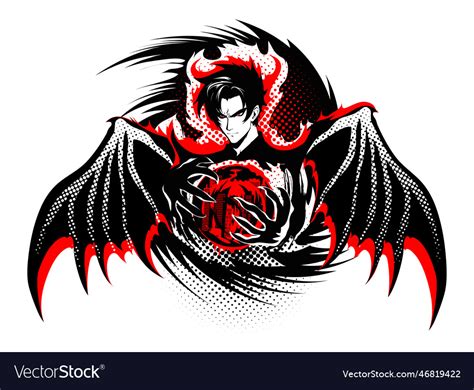 Demon With Wings Holds A Red Sphere In His Hands Vector Image