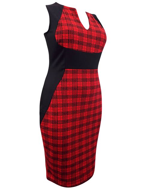 Praslin Praslin Red Check Print Curvy Contrast Panel Illusion Pencil Dress Plus Size 1