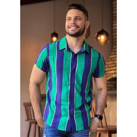 Camisa Masculina Listrada Em Viscose Manga Curta De O Shopee Brasil