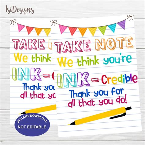 Pen Thank You Gift Tag, Printable Appreciation Gift, Take Note You Are ...