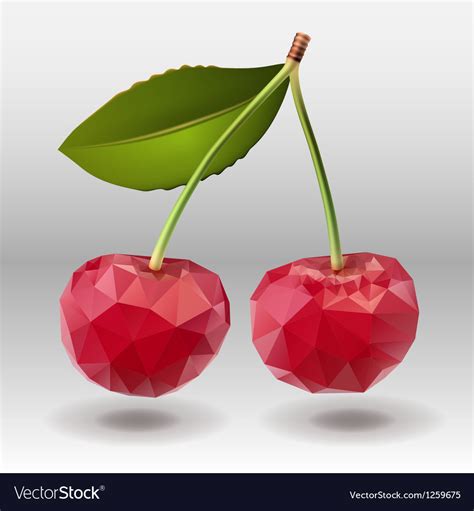 Polygonal Red Cherry Berries With Green Leaves Vector Image