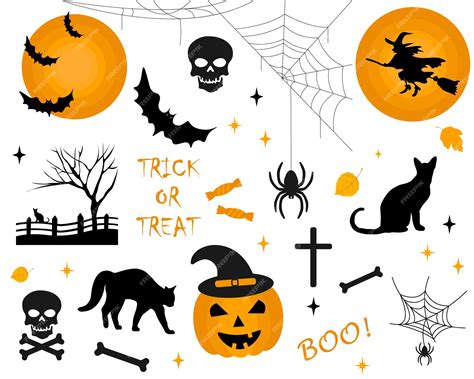 Premium Vector Set Of Elements Objects And Icons For Halloween Pumpkin Skull Bat Witch Black