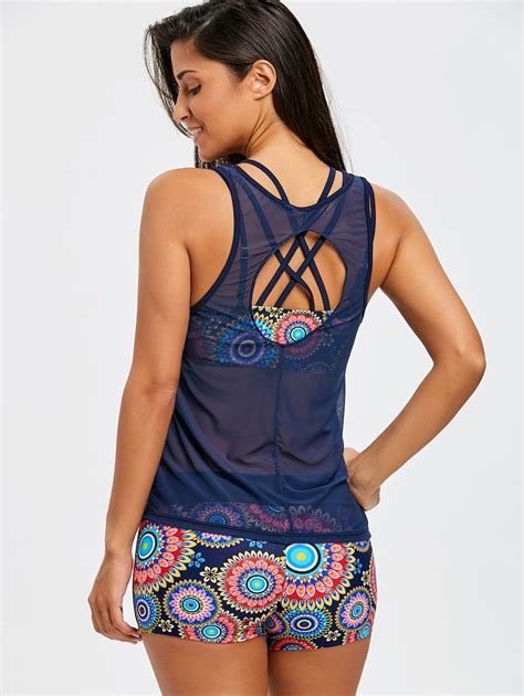 Aztec Print Mesh Three Piece Tankini Set Cerulean M Tankini