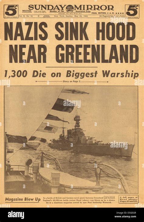 1941 Sunday Mirror New York Front Page Reporting The Sinking Of Stock