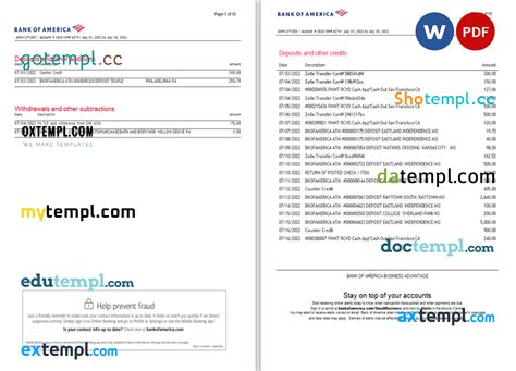 Usa Bank Of America Bank Statement Word And Pdf Template 10 Pages Version 5