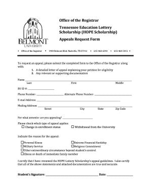 Fillable Online Belmont Belmont University Scholarship Appeal Form Fax