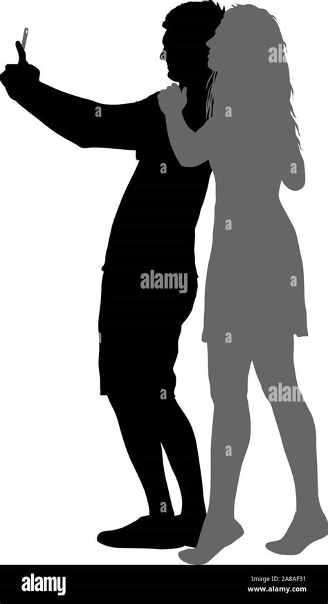 Silhouettes Man And Woman Taking Selfie With Smartphone On White Background Stock Vector Image