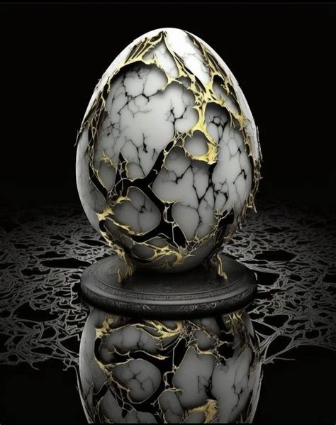 An Egg That Is Sitting On Top Of A Black Surface With Gold And White