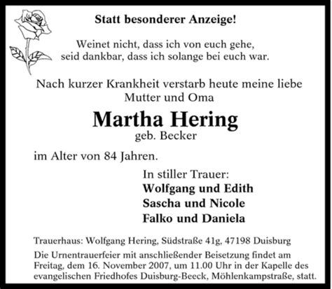 Traueranzeigen Von Martha Hering Trauer In Nrw De