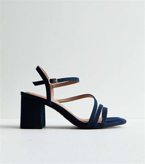 Wide Fit Navy Suedette Strappy Block Heel Sandals New Look