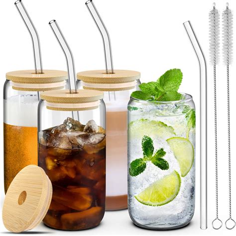 8 Pcs Drinking Glasses With Bamboo Lids And Glass Straw 16 Oz Can Shaped Glass