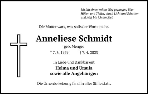 Traueranzeigen Von Anneliese Schmidt Trauer Op Online De