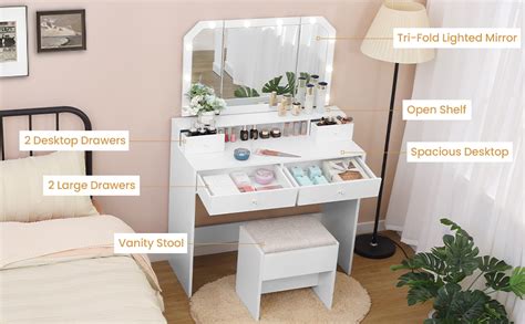 Amazon Quimoo Vanity Desk Set With Led Tri Fold Lighted Mirror