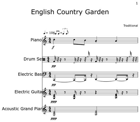 English Country Garden Sheet Music For Piano Drum Set Electric Bass