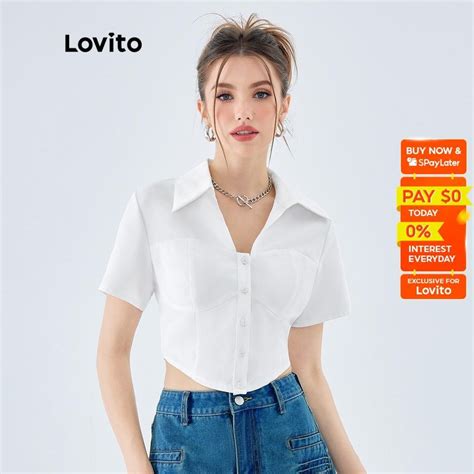 Lovito Casual Plain Button Front Collar Short Sleeves Crop Blouses For