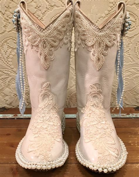 Custom White Cowgirl Bling Boots With Lace And Pearls Size 6 Etsy