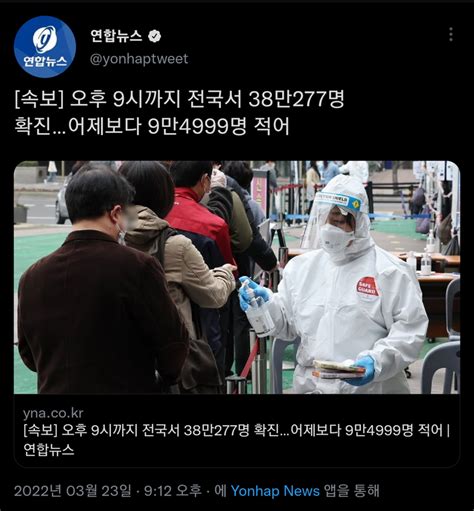 속보 오후 9시까지 전국서 38만277명 확진어제보다 9만4999명 적어 오픈이슈갤러리 인벤