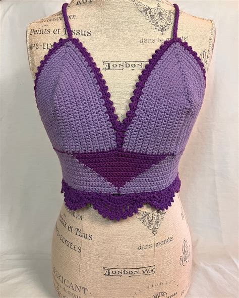 Crochet Purple Floral Lace Up Crop Top Etsy