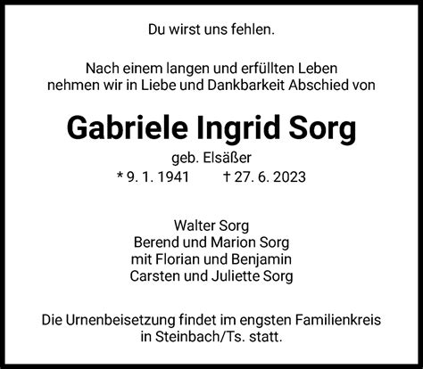 Traueranzeigen Von Gabriele Ingrid Sorg Trauer Rheinmain De