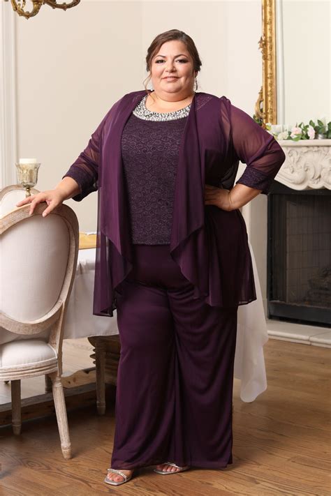 Women S Plus Size Beaded Neck 3 Piece Long Pant Set