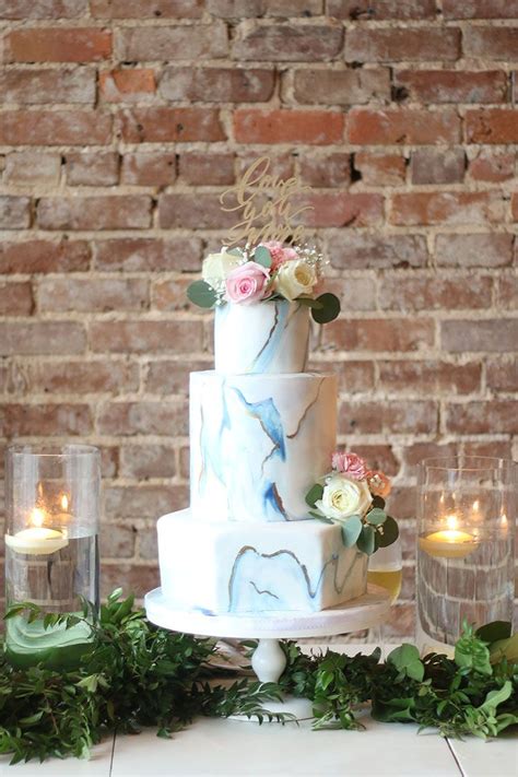 This Marbled Fondant Wedding Cake With Navy Gold And Pink Is A