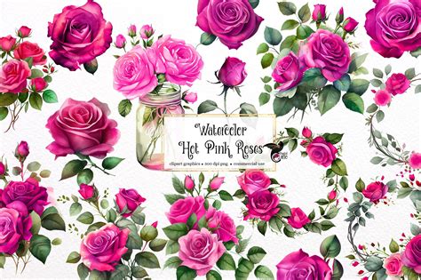 Watercolor Hot Pink Roses Clipart Bright Neon Fuchsia Roses Etsy Uk