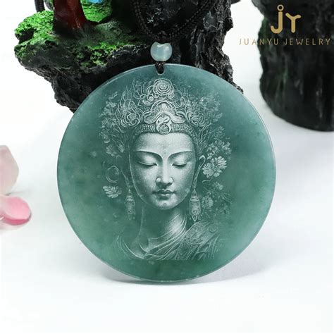 Natural Stone Goddess Of Mercy Burma Jade Pendants Round Hand Carved