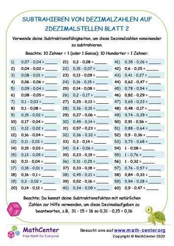 Subtrahieren Von Dezimalzahlen Auf Dezimalstellen Blatt