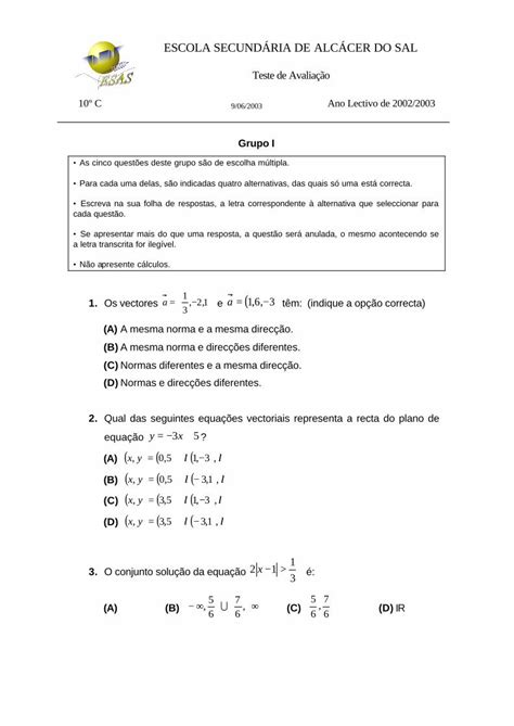 Pdf Escola Secund Ria De Alc Cer Do Sal Qual Das Seguintes Equa Es