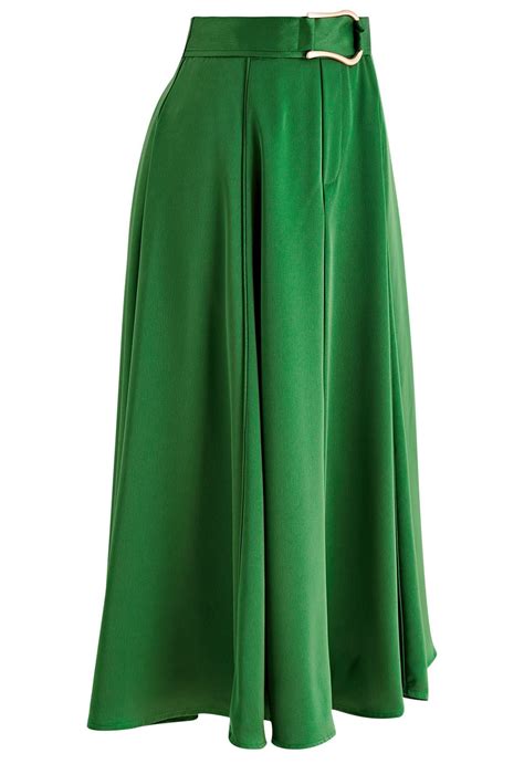 Belt Decorated Flare Satin Midi Skirt in Green - Retro, Indie and Unique Fashion